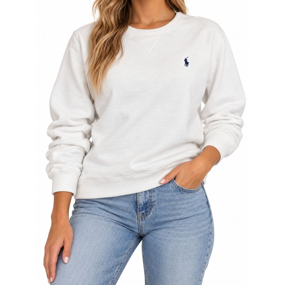 Polo Ralph Lauren White Crewneck Sweatshirt Navy Pony Logo | Large